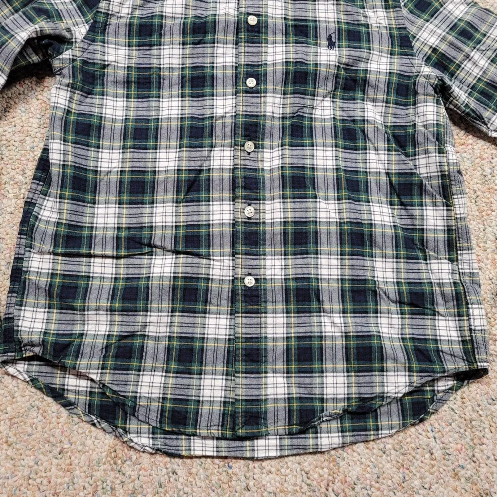 Ralph Lauren Shirt Boy Medium 10-12 Green Navy White Plaid OCBD Button Down Prep